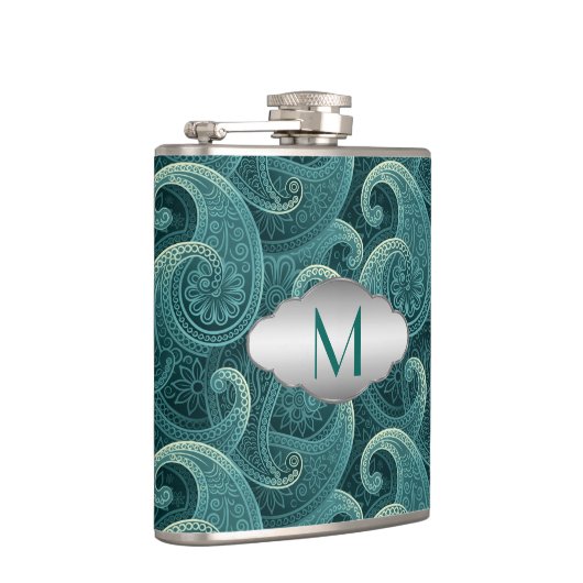 Aquamarin Paisley Timeless Pattern Monogram Flachmann (Rechts)