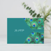 Aquamarin Peacock Elegance Peacock Wedding RSVP Karte (Stehend Vorderseite)