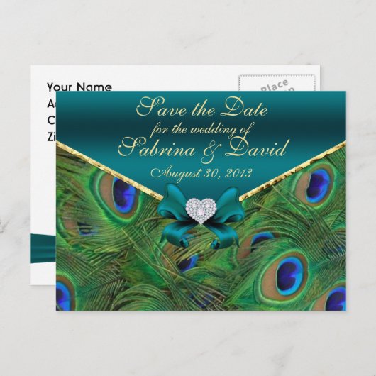 Aquamarin PfauenSave the Date Postkarte (Vorne/Hinten)