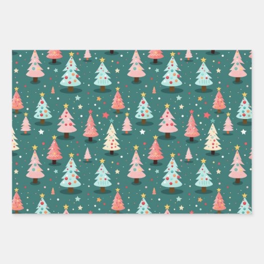 Aquamarin Pink Fun Weihnachtsbäume Geschenkpapier Set (Vorderseite 3)