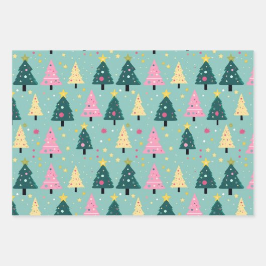 Aquamarin Pink Fun Weihnachtsbäume Geschenkpapier Set (Vorderseite)