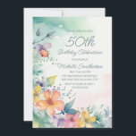 Aquamarin Pink-Gelbe Pastel Blume 50. Geburtstag Einladung<br><div class="desc">Hübsche aquamarine, gelbe und rosa Aquarellpastellfarben Blume 50. Geburtstagsfeier Einladung für Frauen. Text, Schriftart und Wortlaut sind vollständig anpassbar, sodass diese Karte, obwohl sie für eine Dame konzipiert ist, die ihren 50. Geburtstag feiert, für jedes Alter angepasst werden kann. Kontaktieren Sie uns für Hilfe bei der Anpassung oder um passende...</div>