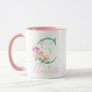 Aquamarin Pink Gold Aquarell Floral Monogram C Tasse
