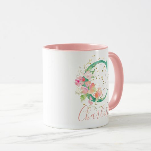 Aquamarin Pink Gold Aquarell Floral Monogram C Tasse (VorderseiteRechts)
