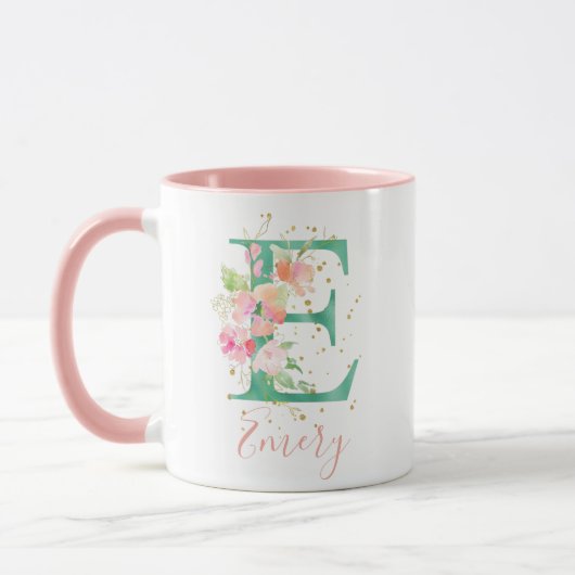 Aquamarin Pink Gold Aquarell Floral Monogram E Tasse (Links)
