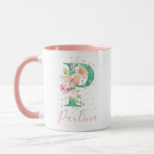 Aquamarin Pink Gold Aquarell Floral Monogram P Tasse