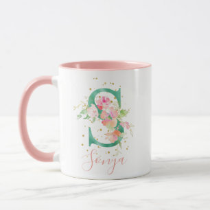 Aquamarin Pink Gold Aquarell Floral Monogram S Tasse