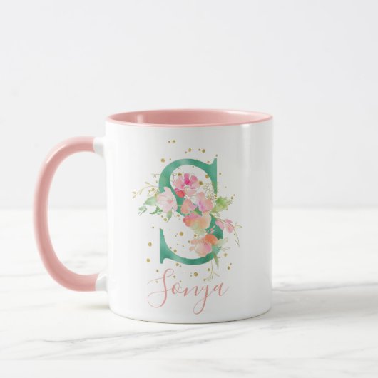 Aquamarin Pink Gold Aquarell Floral Monogram S Tasse (Links)