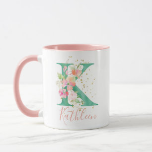 Aquamarin Pink Gold Aquarellfarben Monogram K Tasse