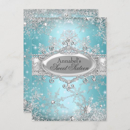 Aquamarin Princess Winter Wonderland Sweet 16 Einl Einladung (Vorne/Hinten)