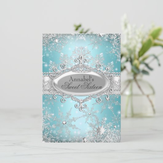 Aquamarin Princess Winter Wonderland Sweet 16 Einl Einladung (Stehend Vorderseite)