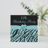 Aquamarin Printed Heart & Zebra Glitzer 17. Geburt Einladung (Stehend Vorderseite)