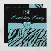 Aquamarin Printed Heart & Zebra Glitzer 18. Geburt Einladung (Vorne/Hinten)