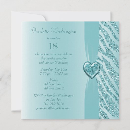 Aquamarin Printed Heart & Zebra Glitzer 18. Geburt Einladung (Rückseite)