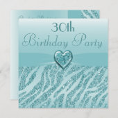 Aquamarin Printed Heart & Zebra Glitzer 30. Geburt Einladung (Vorne/Hinten)