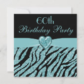 Aquamarin Printed Heart & Zebra Glitzer 60. Geburt Einladung (Vorderseite)