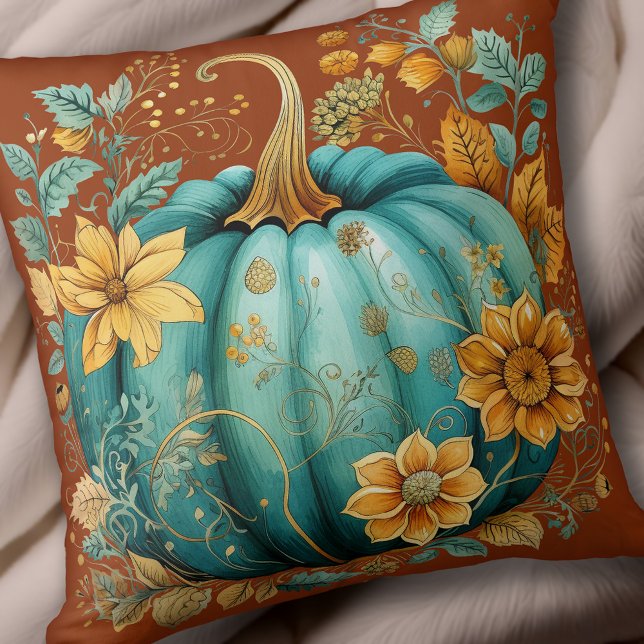Aquamarin Pumpkin Autumn Boho Fall Caramel Kissen (Teal Pumpkin Autumn Boho Fall Caramel Throw Pillow)