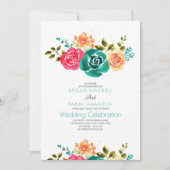 Aquamarin Red Orange Rose Boho Floral Wedding Einladung (Vorderseite)