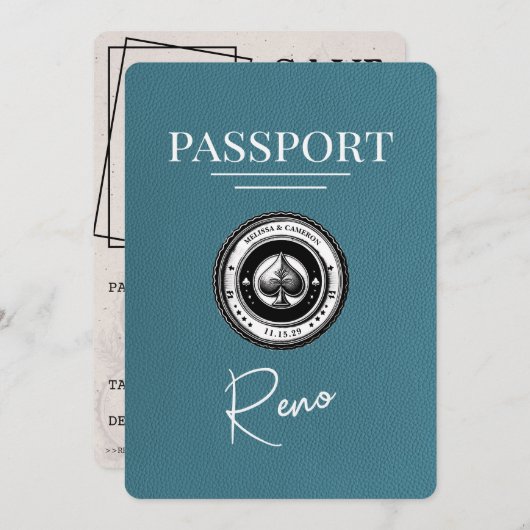 Aquamarin Reno Passport Save the Date (Vorne/Hinten)