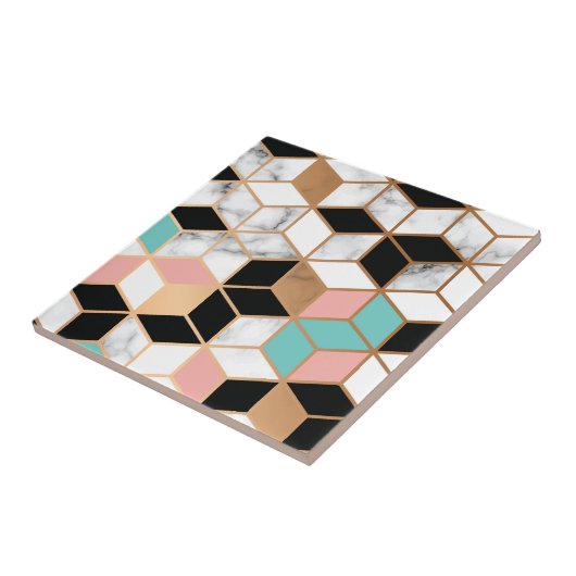 Aquamarin rosa Abstraktes Kubikmuster auf Marmor Fliese (Seite)