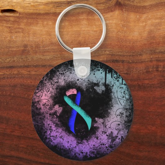 Aquamarin/rosa/blaue Schleife Herz Schlüsselanhänger (Vorderseite)