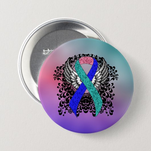 Aquamarin/rosa/blaue Schleife mit Flügeln Button (Vorne & Hinten)