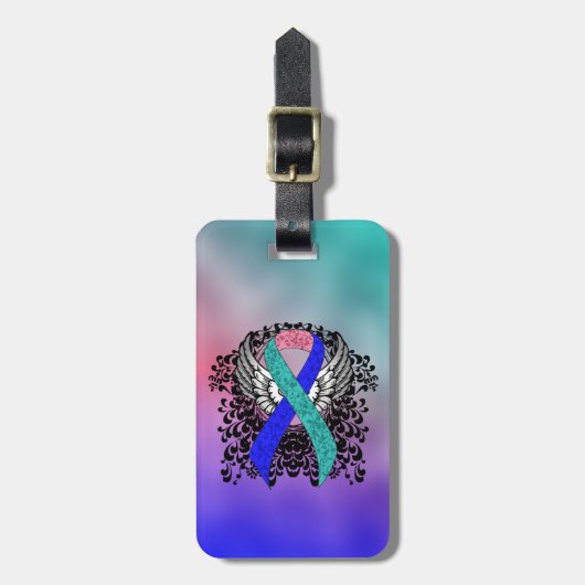 Aquamarin/rosa/blaue Schleife mit Flügeln Gepäckanhänger (Vorderseite vertikal)