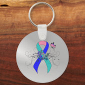 Aquamarin/rosa/blaue Schleife mit Schmetterling Schlüsselanhänger (Vorderseite)