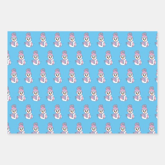 Aquamarin, rosa, blaue Schneemannsheihen Geschenkpapier Set (Vorderseite 2)