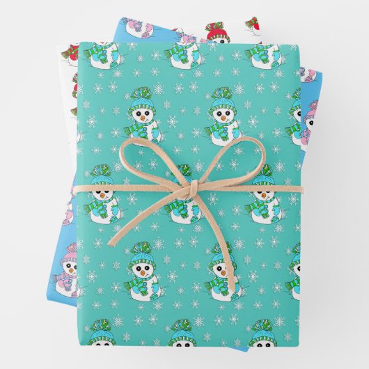 Aquamarin, rosa, blaue Schneemannsheihen Geschenkpapier Set (Beispiel)