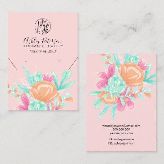 Aquamarin rosa Blumen Logo Schmuck Ohrring Halsket Visitenkarte (Vorne/Hinten)