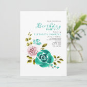 Aquamarin & rosa Blumenbouquet Geburtstagsparty Einladung (Stehend Vorderseite)