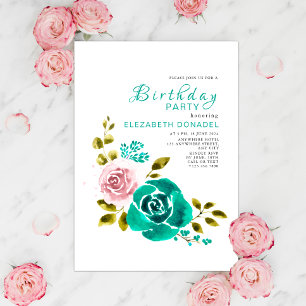 Aquamarin & rosa Blumenbouquet Geburtstagsparty Einladung