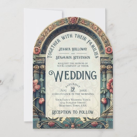 Aquamarin & rosa Elegante Art Nouveau Hochzeit Einladung (Vorderseite)