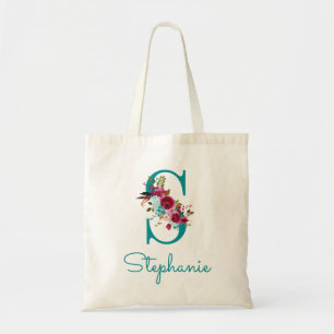 Aquamarin rosa, floraler Letter S Script Monogram Tragetasche