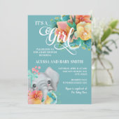 Aquamarin-rosa-gelbe Blütenlephant Kinderdusche Einladung (Stehend Vorderseite)