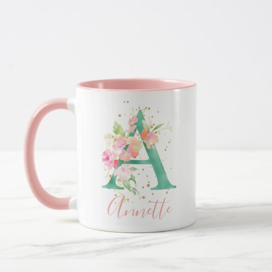 Aquamarin rosa Goldflormonogramm Tasse (Links)