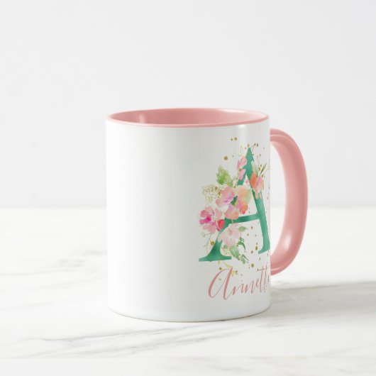 Aquamarin rosa Goldflormonogramm Tasse (VorderseiteRechts)