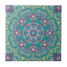 Aquamarin, rosa, grün und gelb Boho Mandala Dekora Fliese