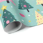 Aquamarin Rosa Retro Weihnachtsbäume Geschenkpapier (Rolleneckpunkt)