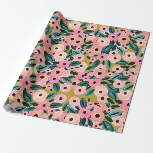 Aquamarin, rosa und goldene Flora Geschenkpapier (Ungerollt)