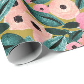 Aquamarin, rosa und goldene Flora Geschenkpapier (Rolleneckpunkt)