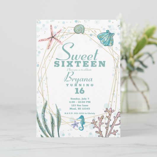 Aquamarin & rosa Unterwasser Whimsical Sweet 16 Pa Einladung (Stehend Vorderseite)