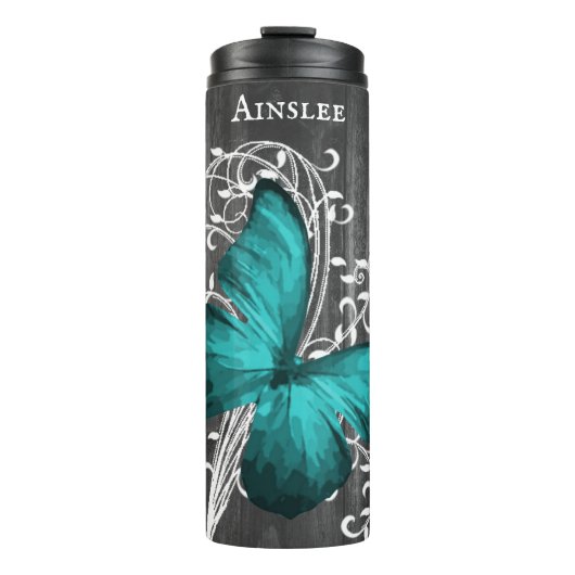 Aquamarin rustikaler Schmetterling Personalisierte Thermosbecher (Vorderseite)