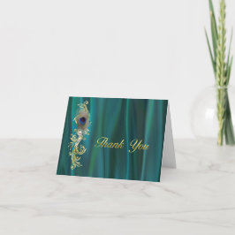 Aquamarin Satin and Peacock Feather Wedding Vielen Dankeskarte