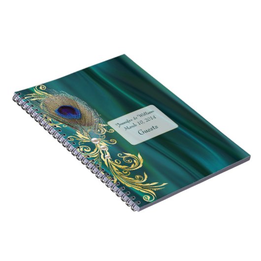 Aquamarin Satin und Peacock Feather Wedding Notebo Notizblock (Rechte Seite)
