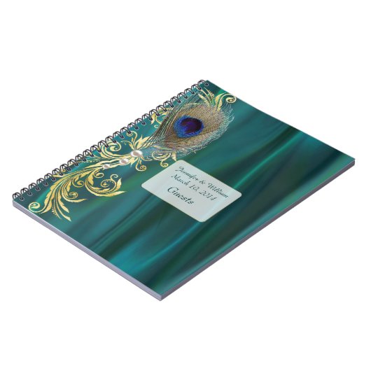 Aquamarin Satin und Peacock Feather Wedding Notebo Notizblock (Linke Seite)