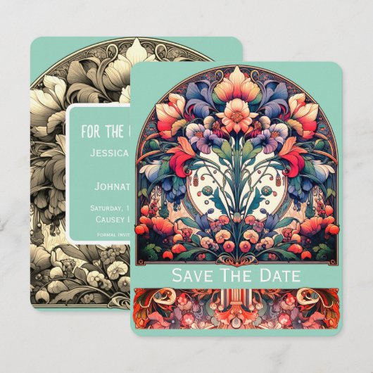 Aquamarin Save the Date Card Mucha Style (Vorne/Hinten)