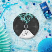 Aquamarin & schwarz Damask Bling Bow Glam Sweet 16 Pappteller (Party)