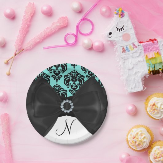 Aquamarin & schwarz Damask Bling Bow Glam Sweet 16 Pappteller (Party)